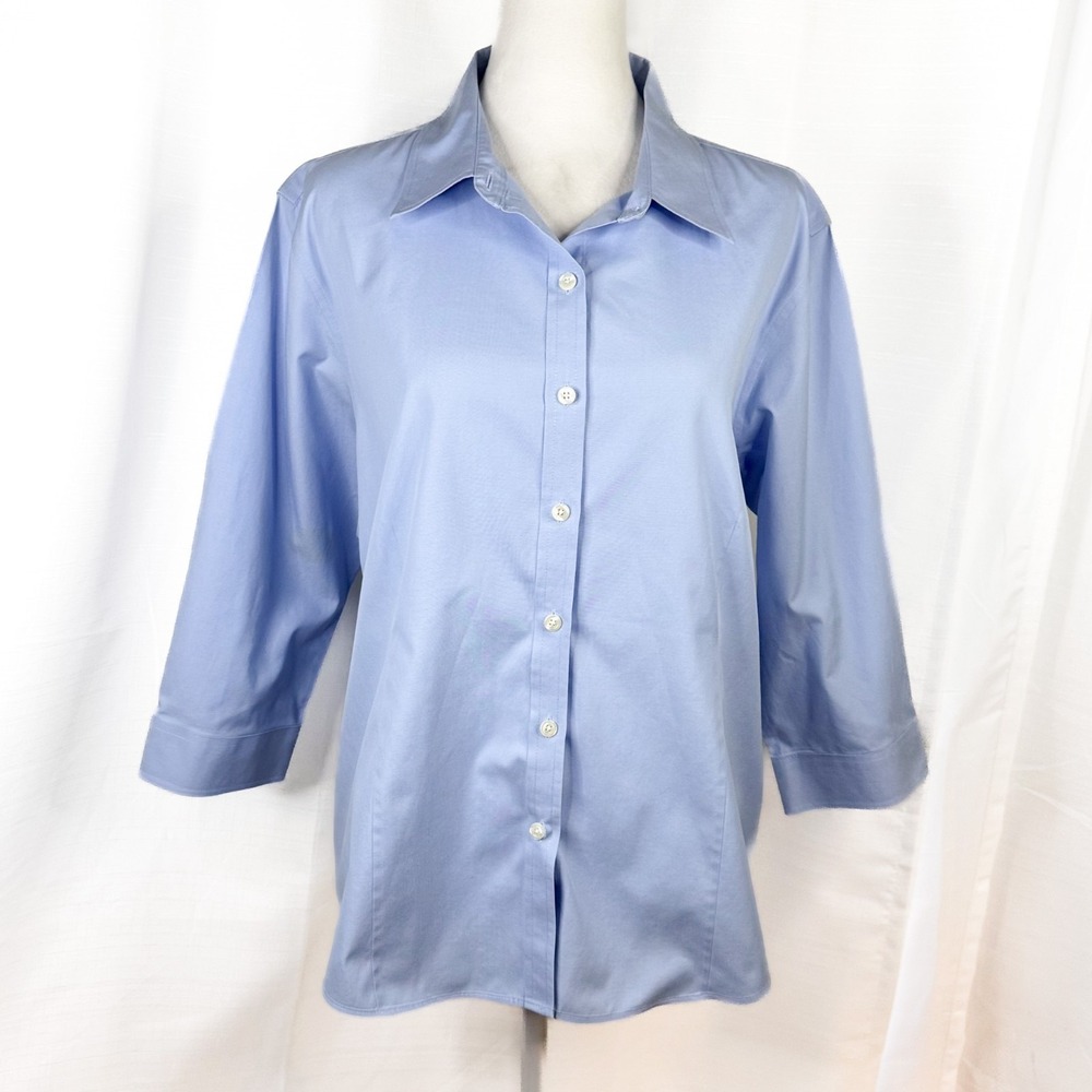 LL Bean Womens XL Petite Button Up Shirt Blue Wrinkle Resist 100% Cotton EUC